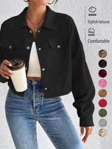 Women's Solid Button Front Drop Shoulder Corduroy Jacket, Casual Long Sleeve Flap Detail Collared Outerwear for Spring & Fall, Ladies Clothes for Daily Wear