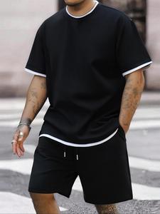 Two-Piece Set Men's Solid Waffle Knit Layered Sleeve Tee & Shorts, Casual Round Neck Short Sleeve T-Shirt & Track Shorts, Summer Clothes Set for Guys