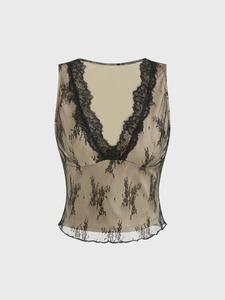 Women's Floral Lace Tank Top, Elegant V Neck Sleeveless Top for Daily Wear, Ladies Clothes for All Seasons
