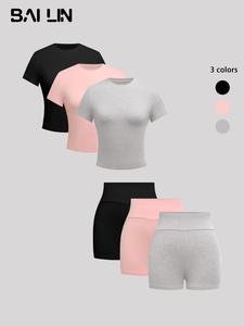 Women's  Solid Round Neck Tee & Skinny Shorts Set, Casual Short Sleeve T-shirt & Short Leggings, Ladies Summer Clothes