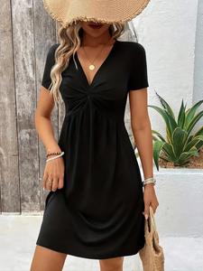 Women's Plain V Neck Dress, Casual Short Sleeve A Line Dress for Summer, Ladies Clothes for Daily Wear