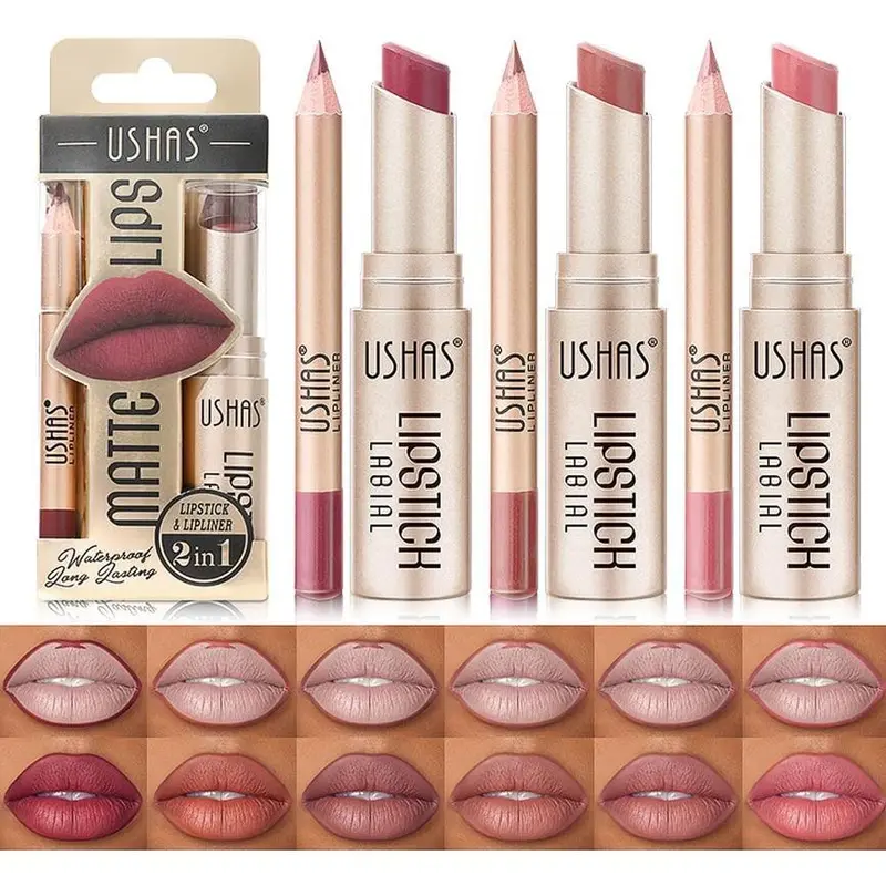 6Pcs Lipstick Lip Liner Set, Non-Stick Cup Not Fade Waterproof Long Lasting Nude lip stain Makeup Kits Velvety Nude Lipliner Lip Gloss Make Up Gift Set For Women 0