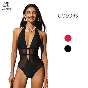 CUPSHE Women's One Piece Halter Back Tie,Mesh Swimsuit Deep V Neck Bathing Suit Casual Beachwear for Vacation,Pool Party,Summer Fashion Women Swimwear