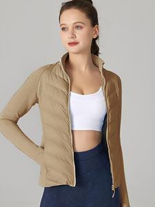 Women's Patchwork Zipper Front Stand Collar Sports Down Jacket, Casual Lightweight Raglan Sleeve Sports Outerwear for Fall & Winter, Ladies Sportswear, Non Stretch Slim Fit Version According To Size Chart, Winter Coats