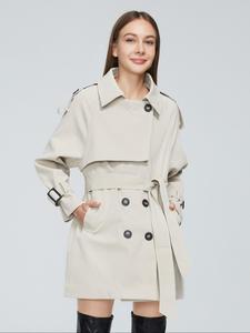 Women's Solid Double Button Pocket Belted Trench Coat, Elegant Raglan Sleeve Collared Outerwear for Fall & Winter, Women's Clothing for Daily Wear