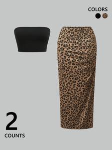 Women's Leopard Print Crop Tube Top & Skirt Two-Piece Set, Casual Fashion Cozy Two Piece for Daily Outdoor Wear, Ladies Clothes for Summer, Suits