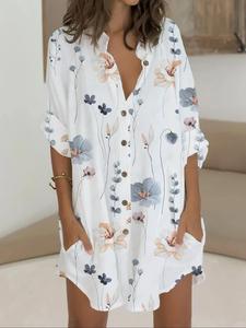 【Plus Size】 Floral Print Button Front Drop Shoulder Shirt, Casual Pocket Half Sleeve Top for Summer, Women's Clothes for Daily Wear