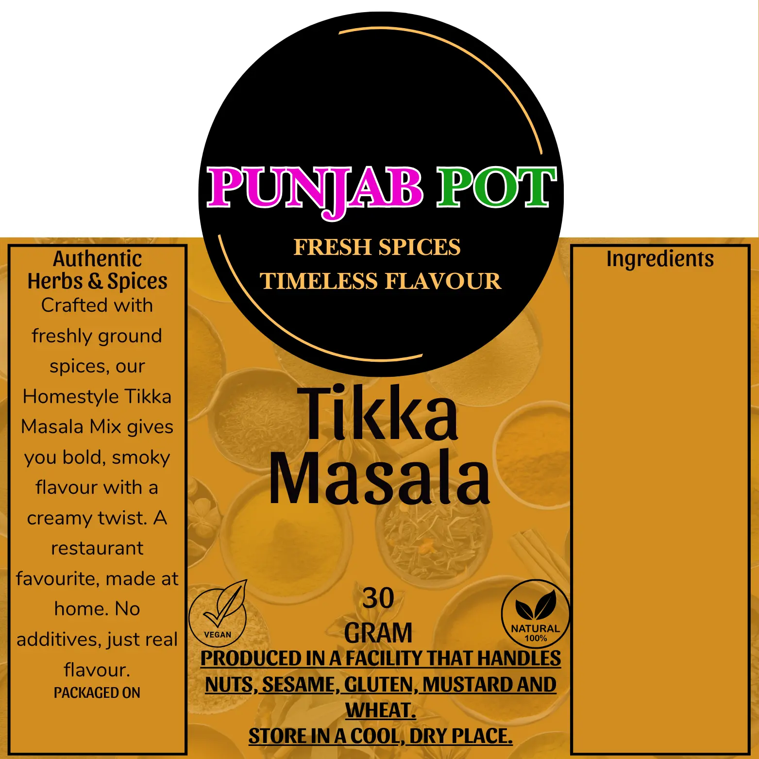 Punjab Pot Tikka Masala Spice Blend - Authentic, No Additives Natural