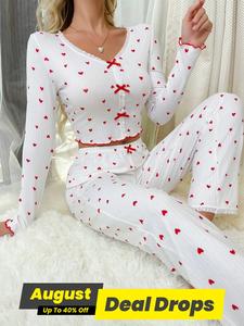 Women's Heart Print Lettuce Trim Pyjama Set, Casual Cute Comfy Bow Front V Neck Long Sleeve Top & Pants Pj Set, Pajamas, Women's Sleepwear for Spring & Fall, Lady Lounge Sets, Machine Washable Longsleeves Loungewear, Everyday Womenswear, Heart Pattern