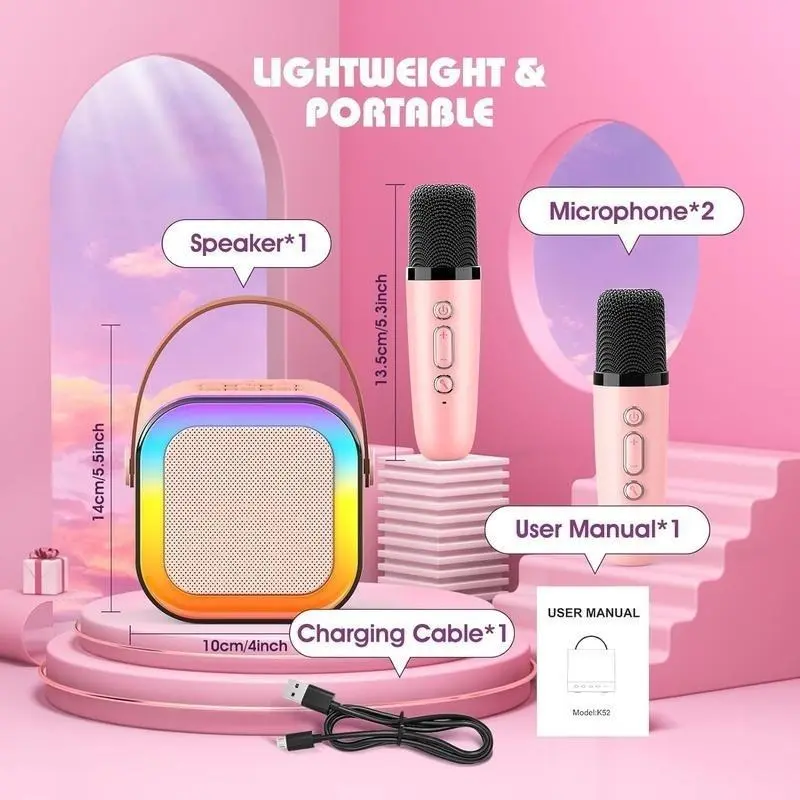 Bluetooth K12 Karaoke with RGB lights Machine Portable 5.3 PA Speaker System with 2 Wireless Microphones Home Family Singing Children's Gifts bone  conduction  earphones true wireless induction  speaker mini  speaker  magnet karaoke  machine 6