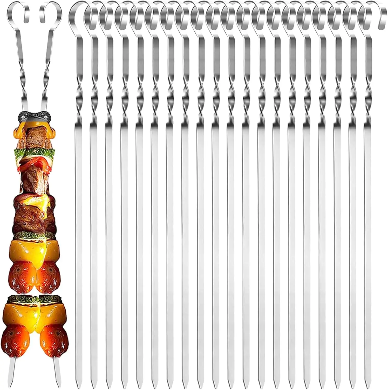 20 Pcs Kebab Skewers, Metal Skewers, Skewers for Grilling, Flat Skewers, BBQ Kebab Rack, Skewer Sticks, Suitable for Meat Kebab, BBQ Food, Reusable Stainless Steel Skewers, BBQ Sticks