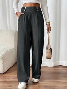 Women's Solid Double Button Pocket Straight Leg Pants, Elegant Elastic Waist Trousers for Work Office Business, Ladies Bottoms for All Seasons