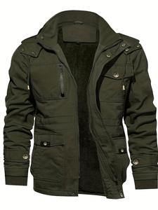 Men's Solid Pocket Zipper Detachable Hood Design Jacket, Regular Fit Casual Long Sleeve Button Hooded Outerwear for Fall & Winter, Men's Clothes for Daily Wear