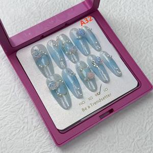 Blue camellia long nail art piece, handcrafted, detachable and pressable press  nails miffy  nails short  press  nails