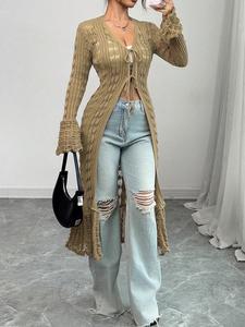 2025 New style Casual Fitted V-Neck Long Sleeve Knit Flare Cuff Long Cardigan For Women, Brown, Spring Autumn