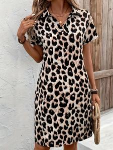 Women's Leopard Print Batwing Sleeve Dress, Casual Short Sleeve Dress for Daily Wear, Ladies Clothes for All Seasons