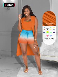 Three-Piece Set Women's Plain Crop Cami Top & Ombre Print Drawstring Waist Shorts & Sleeveless Outerwear Co-ord Set, Casual Scoop Neck Adjustable Spaghetti Strap Crop Top & High Waist Pocket Shorts & Open Front Outerwear, Ladies Summer Clothes