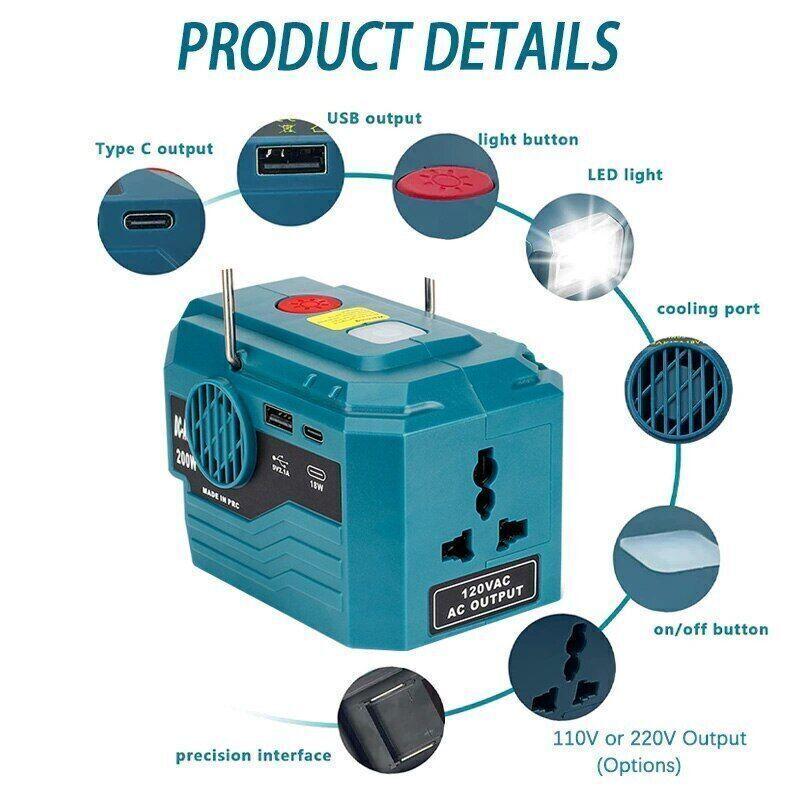 Product Introduction of Makita 18V Battery to AC 220V Portable Power Inverter with LED Light - 200W 20