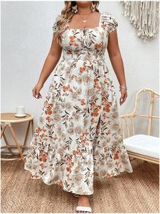 【Plus Size】 Floral Print Split Thigh A Line Dress, Dress in Club, Dresses for Women, Boho Cap Sleeve Square Neck Long Dress for Daily Holiday Vacation Wear, Summer Dresses 2025, Elegant Plus Size, Plus Size Tummy Flattering Dresses, Casual Wear