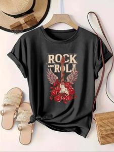 【Plus Size】 Letter & Rose Guitar Print Round Neck Tee, Casual Short Sleeve T-shirt for Summer, Women's Plus Clothing for Daily Wear