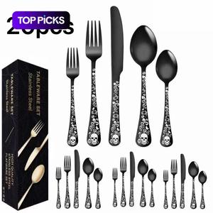 20-Piece Skull Pattern Silverware Set, Stainless Steel Cutlery Set Knife Fork Spoon, Home Creative Dining Tableware, Dinnerware Service Set