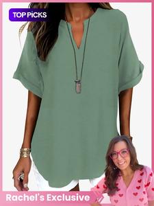Women's Simple Solid Color Commuter V-Neck Drop Shoulder Vintage Versatile Top, Short Sleeve Fitted H-Type Blouse, Casual Fashion