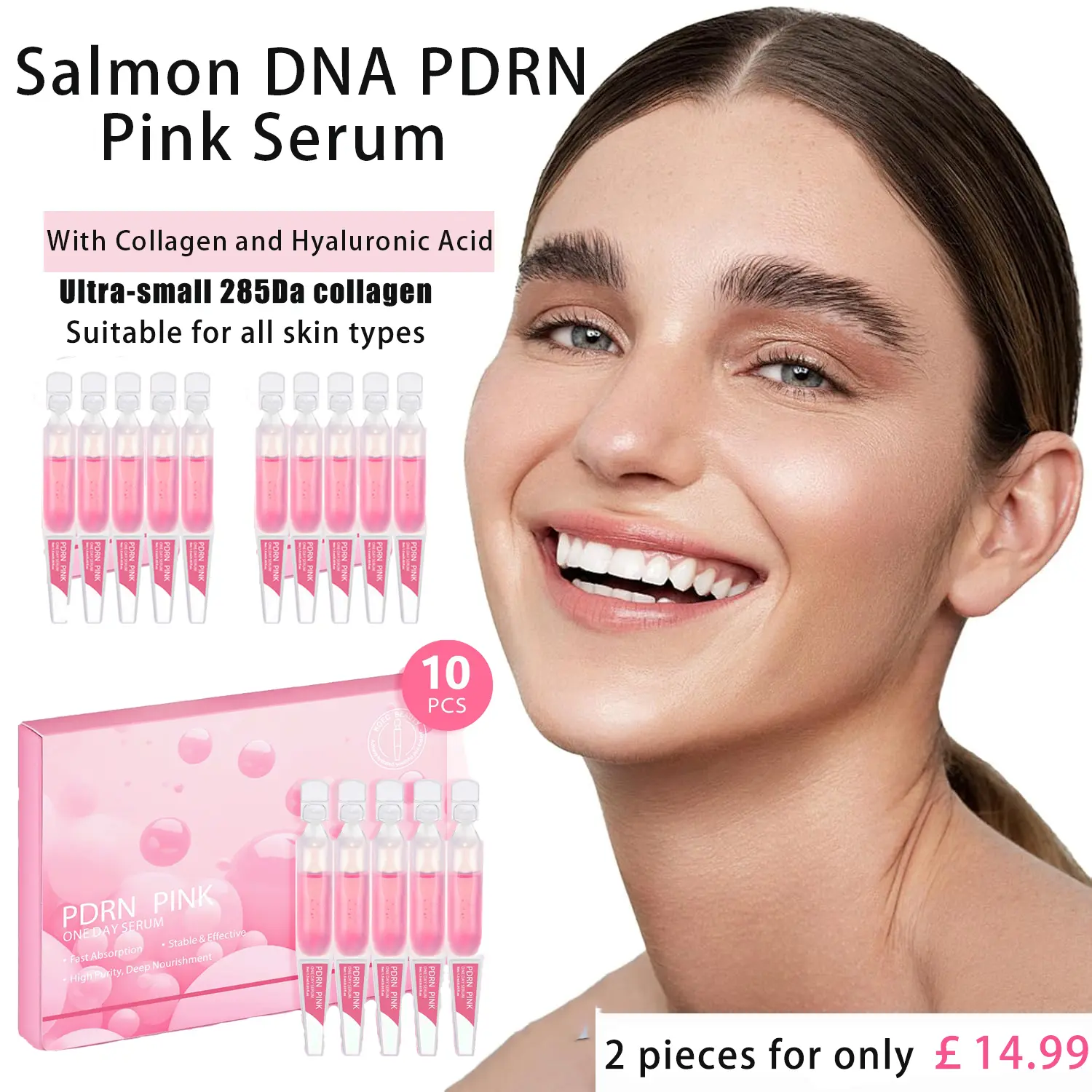 Salmon DNA PDRN Pink Serum, Korean Skincare Ampoule with Collagen and Hyaluronic Acid, 10 Count