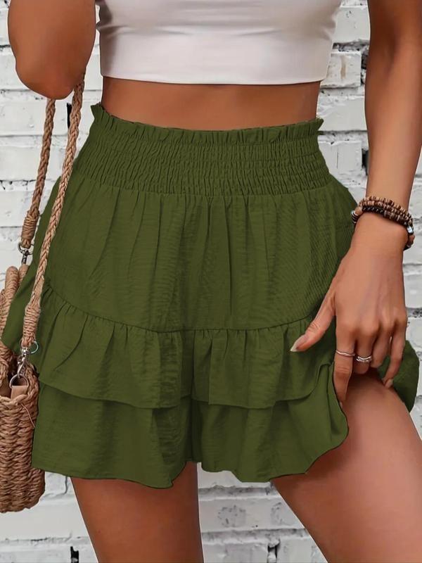 Product Introduction of Women's Frill Trim Ruffle Hem Shirred Shorts, Boho Casual Shorts for Spring & Summer, Summer Shorts for Women, Back To School, Ladies Elegance Minimalist Shorts, Wide Leg Shorts for Women, Ruffle Shorts, Going Out Bottoms 21