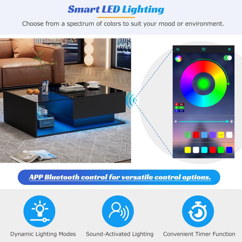 LED Coffee Table, Modern High Gloss Coffee Table, Center Table with Glass, Modern Coffee Table for Living Room with Drawer (Black) 7