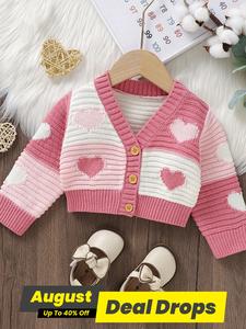 Baby's Patchwork Heart Print Button Front Cardigan, Cute Cozy Long Sleeve Knitwear for Spring & Fall, Newborn Infant Kids Clothes, Cardigan Sweater, Girls Birthday Gift, Pretty Little Baby Clothes, Kids Clothes Girls