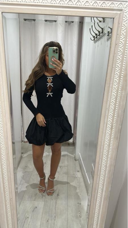 Black long sleeve ALLEGRA dress, ruffled hem for comfortable casual style.