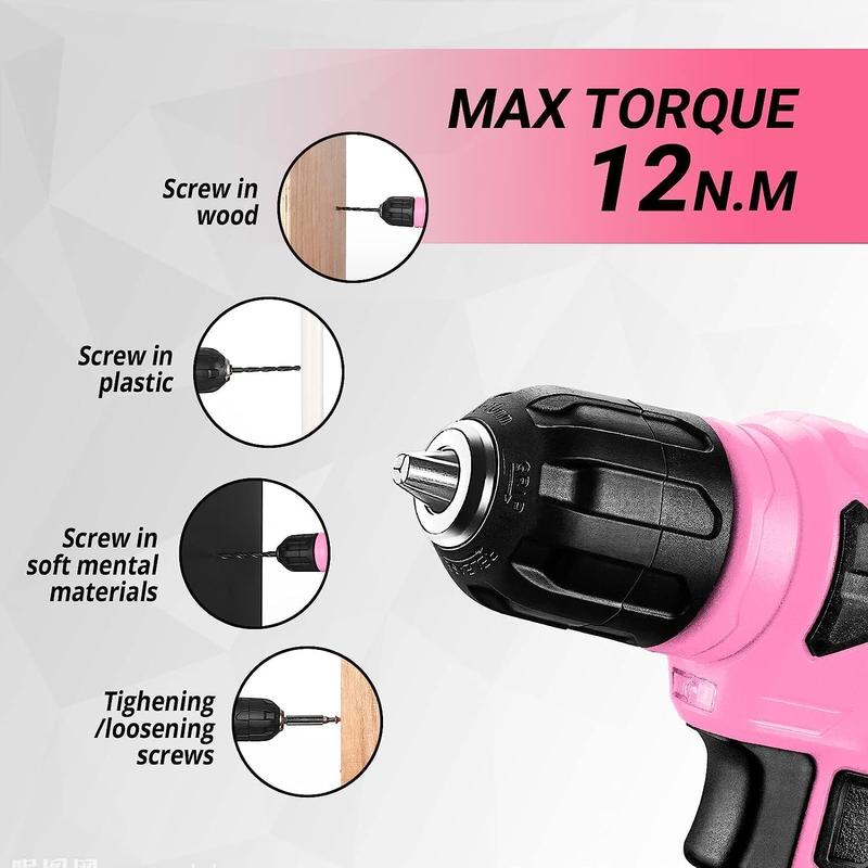 Tool Kit : DEKO Tool Set Box with 8V Cordless Drill , Pink Hand Tool Kit DIY Drill Set for Women 126 Pieces , Ladies Tool Box for Home with Electric Drills 2