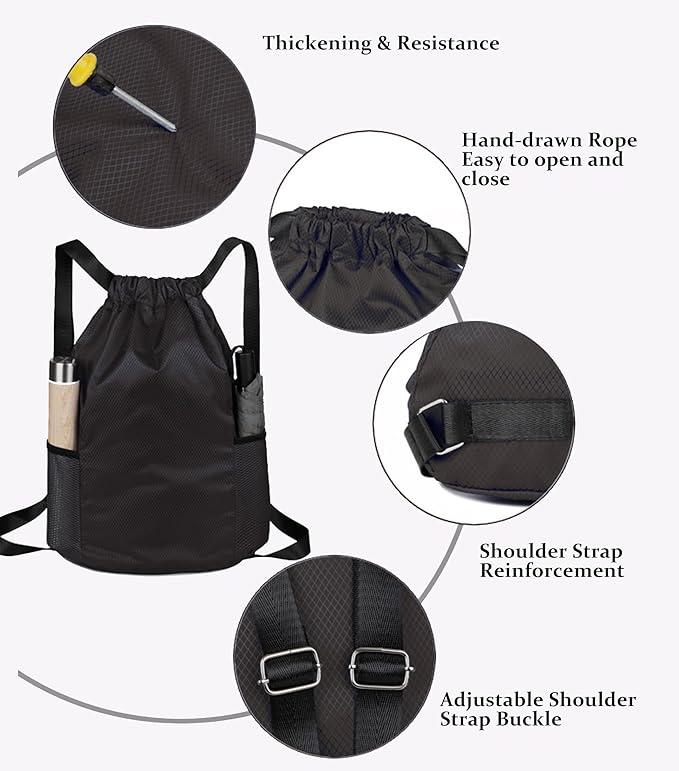Drawstring Bag, Unisex Large Sports Backpack String Drawstring PE Bags, Sport Gym Sack have Two Side Pockets, Waterproof Travel Beach Swim School Bag 3
