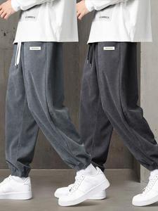 Men's Letter Patched Drawstring Waist Corduroy Pants, Casual Comfy Pocket Trousers for Fall & Winter, Men's Bottoms for Daily Wear