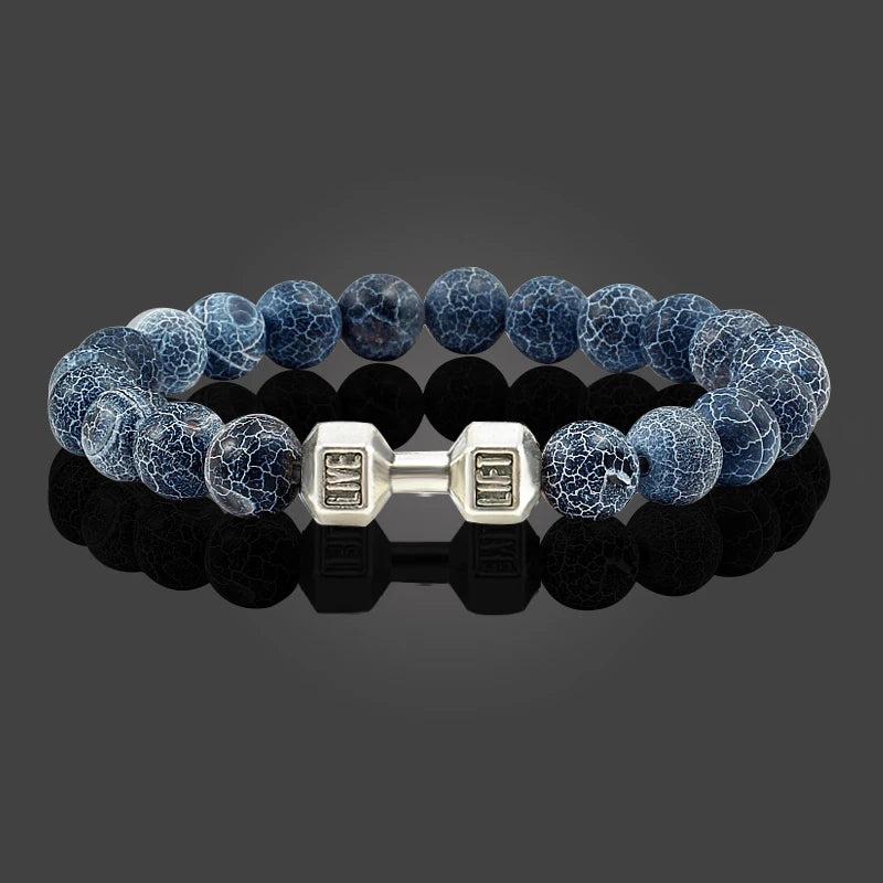 Natural Volcanic Stone Bracelet Men Matte Black Lave White Beads Charm Dumbbell Strand Bracelets Women Barbell Fitness Jewelry 5
