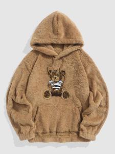 Men's Cartoon Bear Embroidered Drawstring Plush Hoodie, Casual Pocket Long Sleeve Hooded Sweatshirt, Men Essentials Clothes