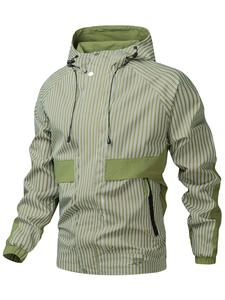 Men's Striped Print Zip Up Drawstring Hooded Jacket, Regular Fit Casual Long Sleeve Pocket Outerwear for Fall & Winter, Men's Clothes for Daily Wear