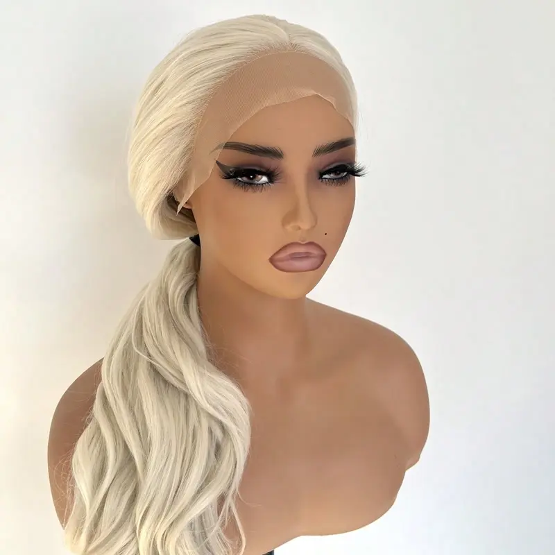Natural Hairline Women Party Daily Wear Long Wavy Bleach Blonde Soft Glue Less Wig Synthetic Hair Layered Pre Plucked 13X4 Inch Large Area Lace Frontal Wigs 5
