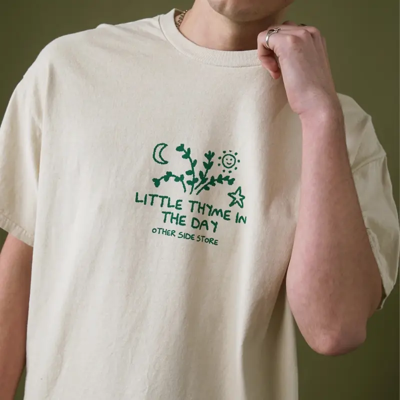 Other Side Store 'Little Thyme' Vintage Washed T-Shirt – Sand Color Retro-Inspired Tee, Soft Streetwear Style 4