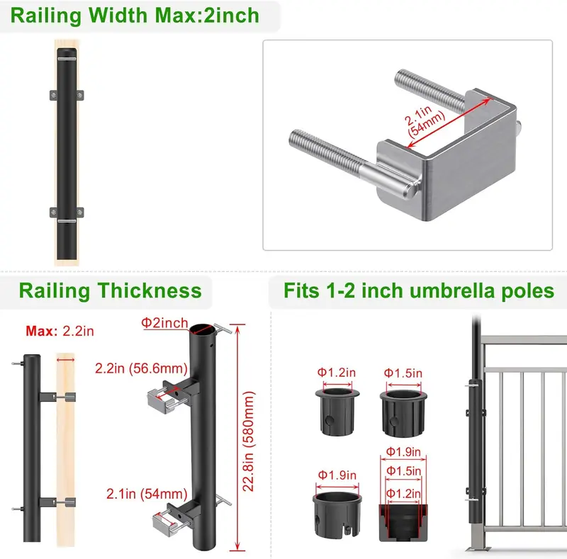 Dolibest Parasol Clamp Balcony, Patio Umbrella Holder Fence Deck Mount Bracket Stand Adjustable Sun Umbrella Fixing Clip Space Saving with 3 Size Sleeve for 3-5cm Pole, Max 5.6 x 5.3cm Railing Post 1