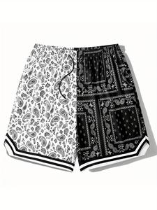 Men's Colorblock & Paisley Print Drawstring Shorts, Regular Fit Casual Beach Shorts, Summer Clothes, Men's Summer Bottoms