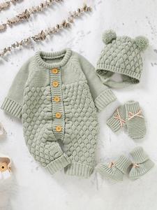 Baby's Button Front Sweater Jumpsuit & Pom Pom Decor Baby Bonnet & Bow Decor Mittens & Knit Baby Shoes Set, Cute Onesies Set for Newborn Infant Kids, Newborn Gift Set, Baby Clothing