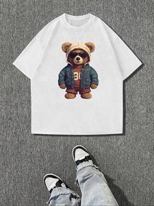 Men's Cartoon Bear Print Round Neck Tee, Loose Casual Fashion Short Sleeve T-shirt for Summer, Men's Top for Daily Wear, Tropical