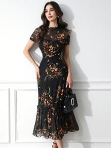 Women's Floral Print Tulle Dress, Elegant Chic Style Mock Neck Long Sleeve Ruffle Trim Dress for Party Holiday Wedding Guest, Ladies Clothes for All Seasons, Formal Dresses Women, Womenswear, Dresses for Holiday