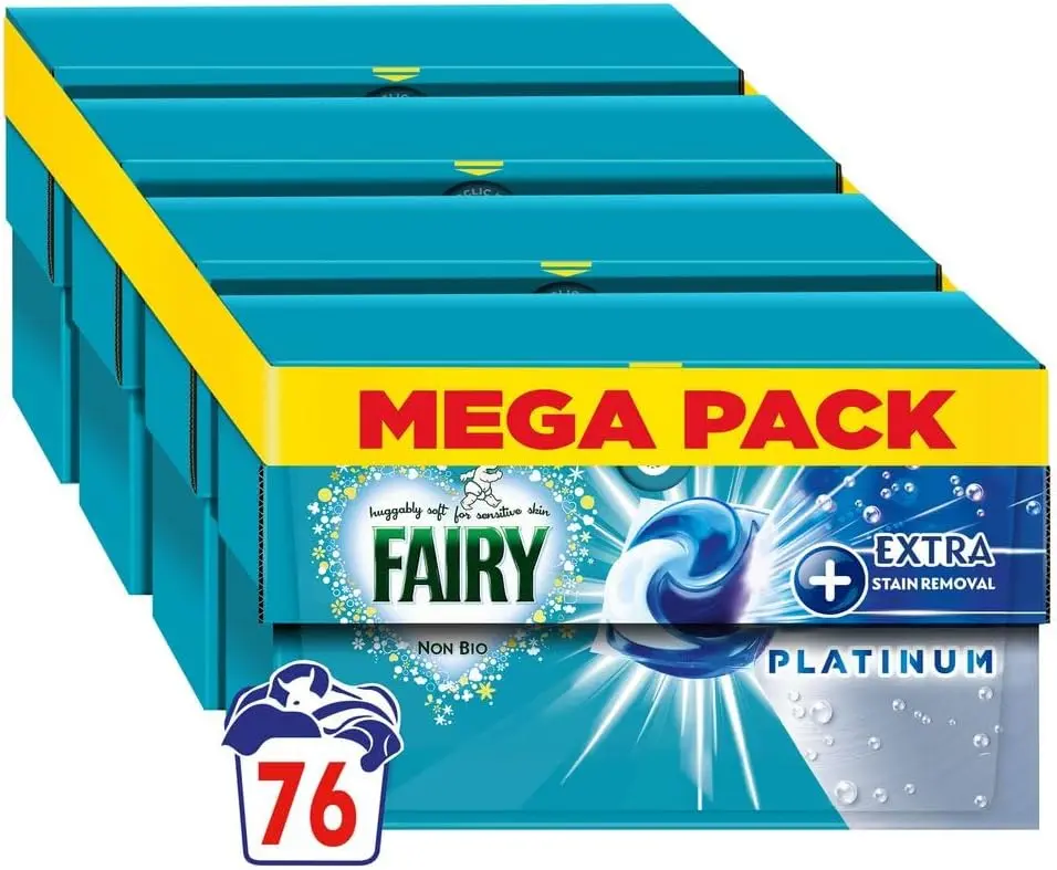 Non Bio PODS Washing Liquid Laundry Capsules 76 Washes (4x19) , Platinum, With Extra Stain Removal & Brighter Whites, For Sensitive Skin