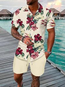 Two-piece Set Men's Floral Print Shirt & Shorts, Regular Fit Casual Shortsleeve Button Front Top & Shorts, Men's Summer Clothes for Beach Vacation, Menswear