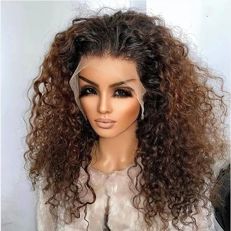 Ombre Brown Color Soft 26“Long Kinky Curly 180Density Lace Front Wig Synthetic For Women High Temperature Glueless Daily 4
