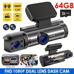 [UK Local] Dual Lens Car Video Recorder | Dash Cam DVR Front & Inside, 1080P Full HD Dash Camera for Cars, Included 64GB Card,  3.16”IPS Screen, Night Vision, Front Lens Angle 170° Wide Angle