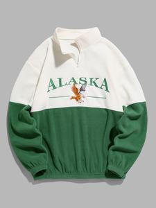 Men's Colorblock Print Letter & Eagle Embroidery Half Zip Plush Sweatshirt, Loose Casual Drop Shoulder Stand Collar Pullover for Fall & Winter, Men's Clothes for Daily Wear