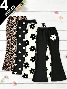 Girls' 4-Pack Printed Micro-Ruffle Pants, Leopard/heart/blossom Patterns, High-Waisted Elastic Waist, Casual Long Pants